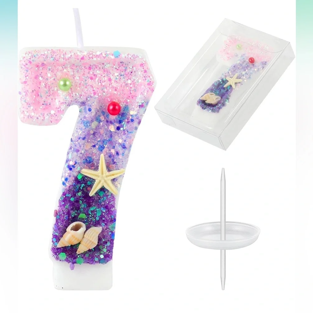 NWT Birthday Candles Pink Purple Number 7 Conchs Starfish Pearls Mermaid Party